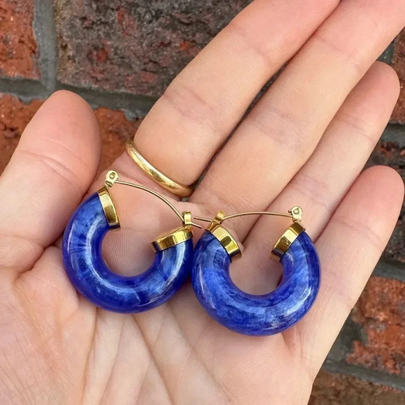 Blue 18K Gold Stainless Steel Hoop Earrings - Picture 6 of 12